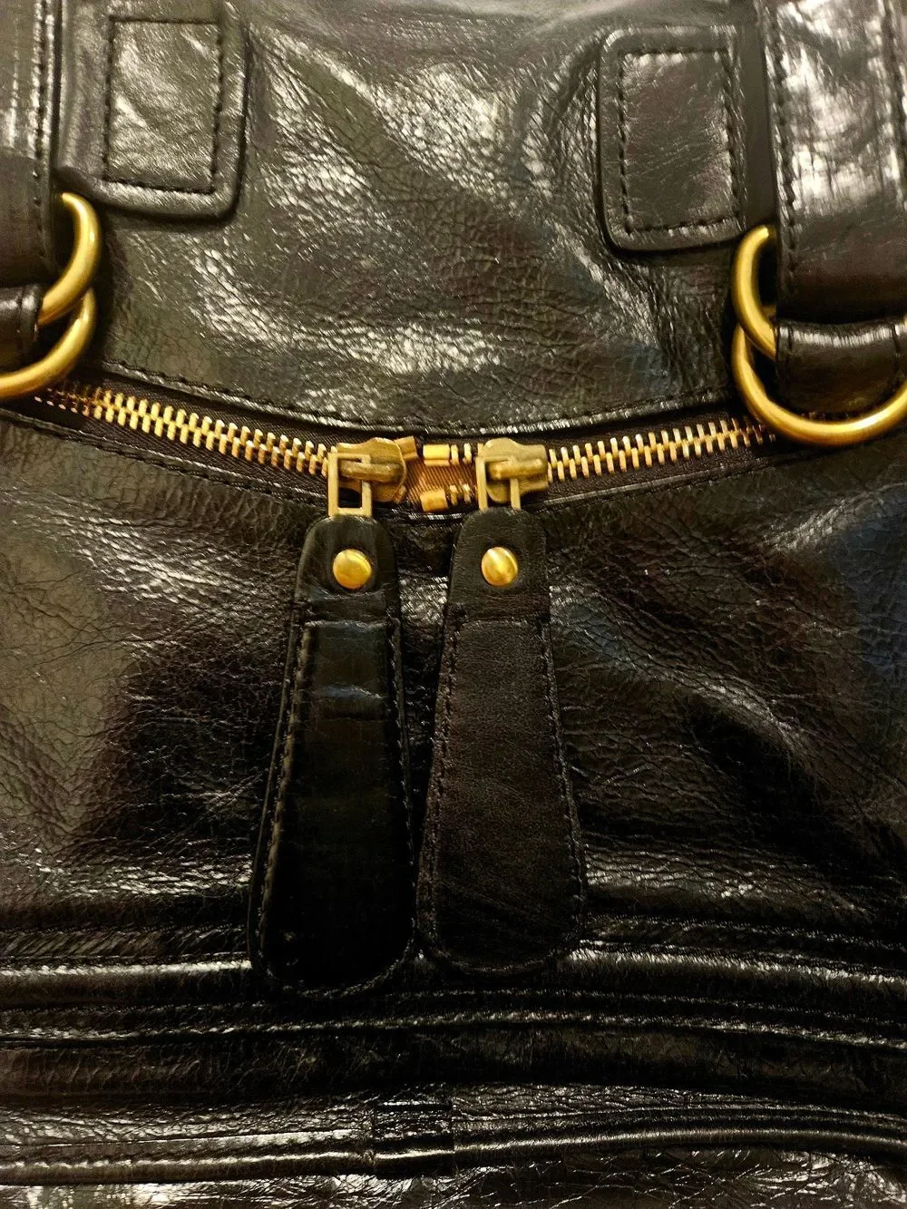 Classic Black Leather Satchel with Gold Hardware